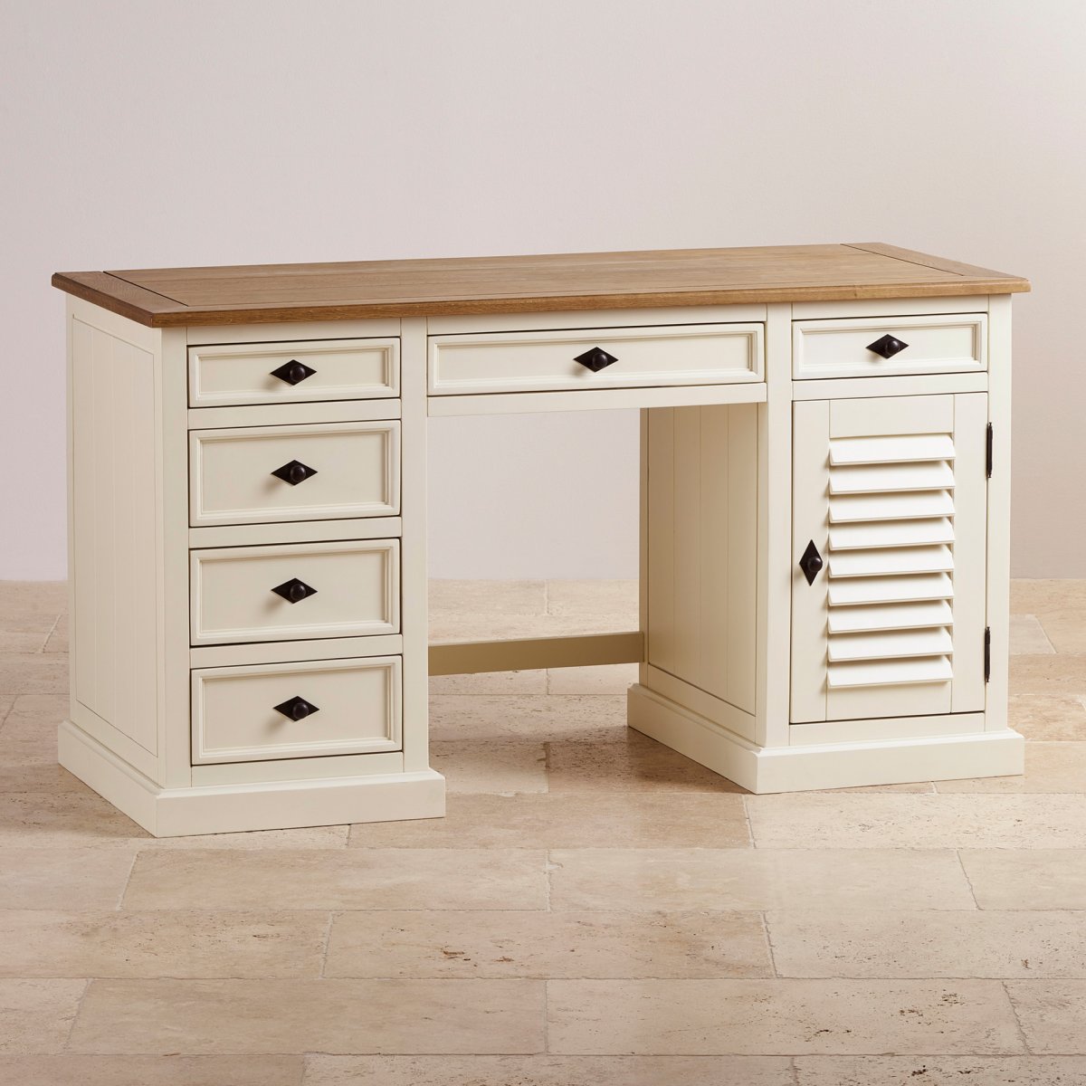 Shutter Cream Painted Computer Desk with Brushed Oak Top