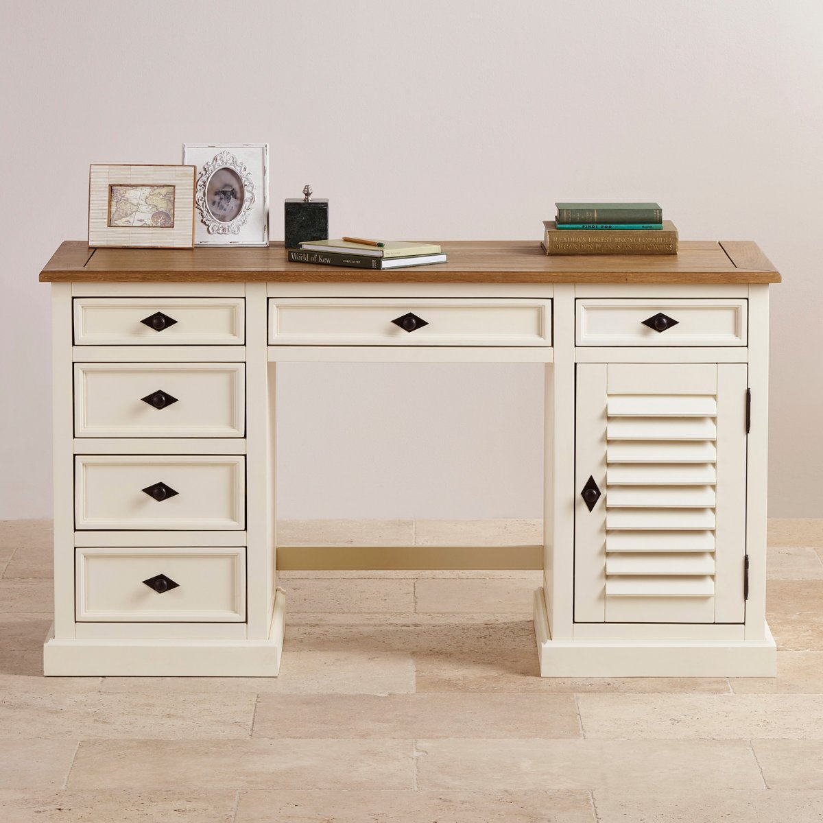 Shutter Cream Painted Computer Desk with Brushed Oak Top