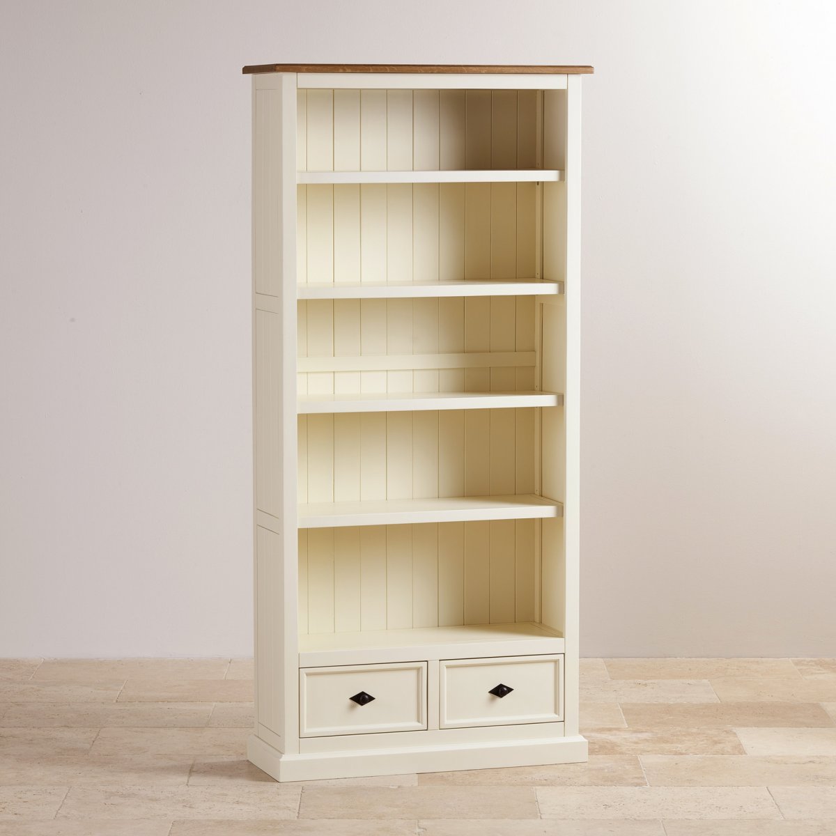 Shutter Cream Painted Tall Bookcase with Brushed Oak Top