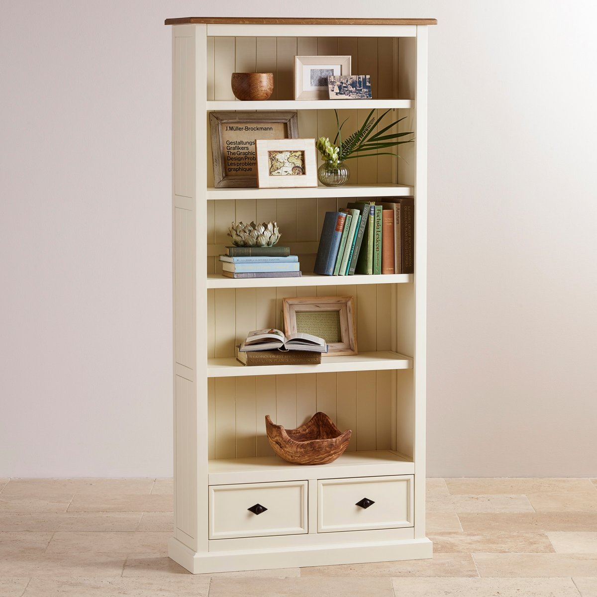 Shutter Cream Painted Tall Bookcase with Brushed Oak Top