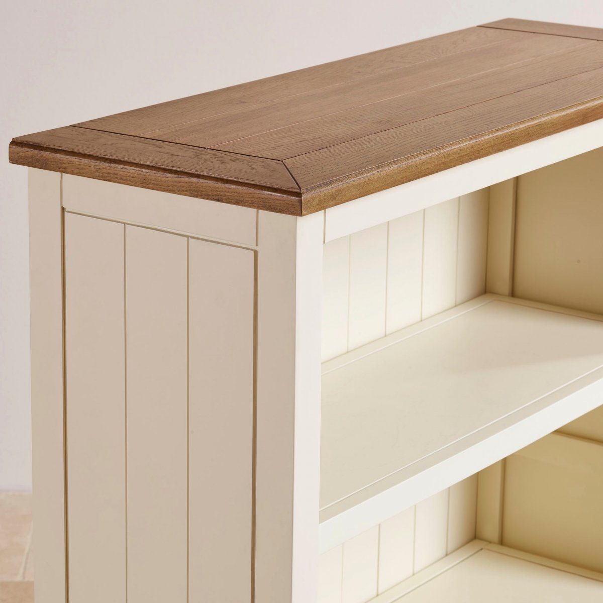 Shutter Cream Painted Tall Bookcase with Brushed Oak Top