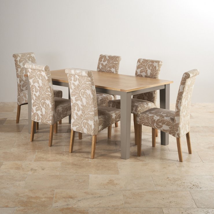 St Ives Light Grey Painted Oak Dining Table + 6 Patterned Chairs