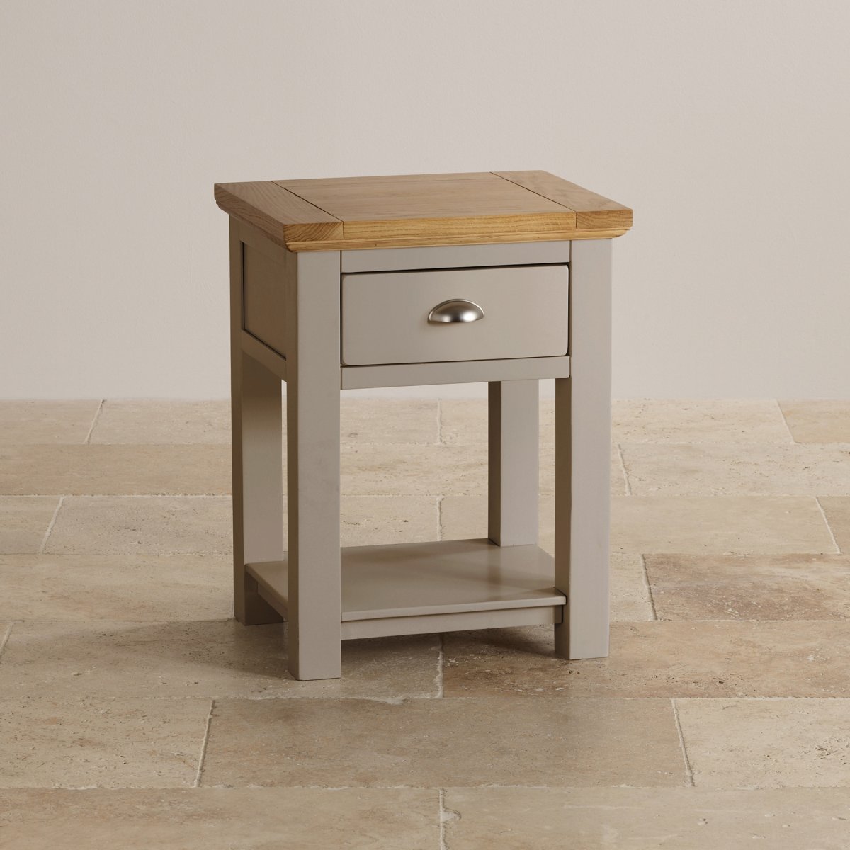 St Ives Lamp Table in Light Grey Painted Acacia with Oak Top