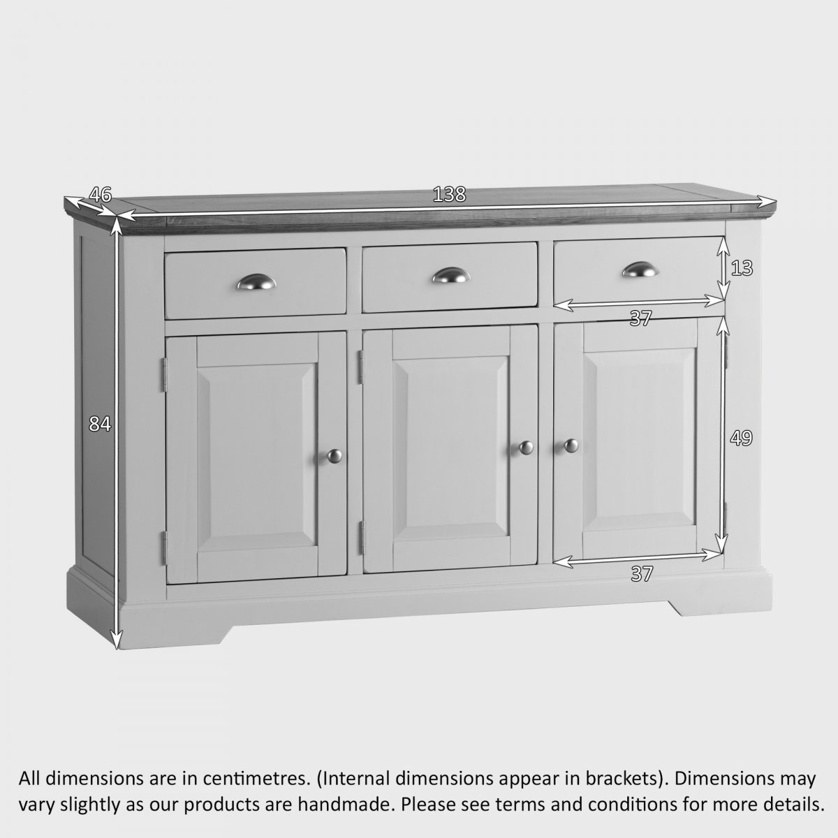 St Ives Large Grey Sideboard in Solid Hardwood Brushed Oak Top