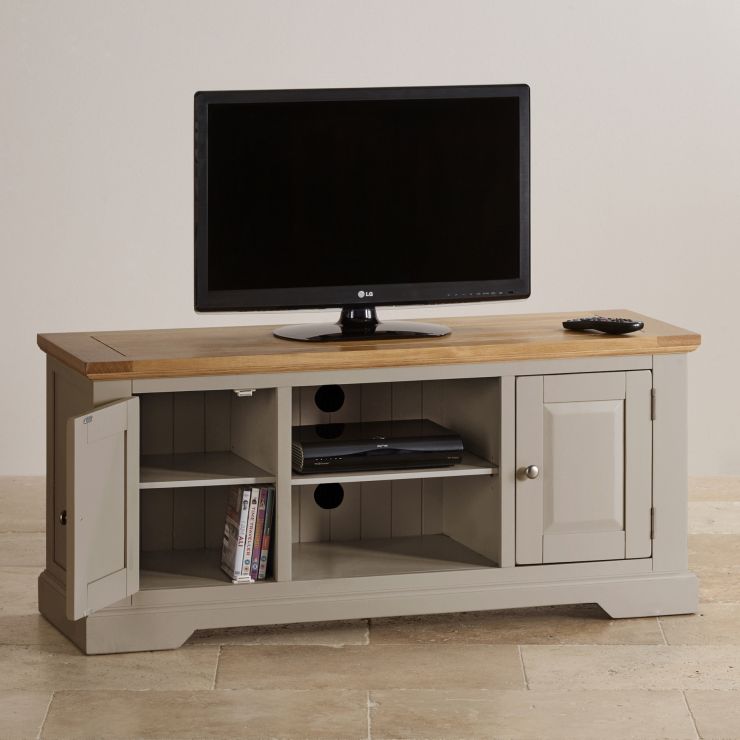 St Ives Grey TV Unit with Brushed Oak Top Oak Furniture Land